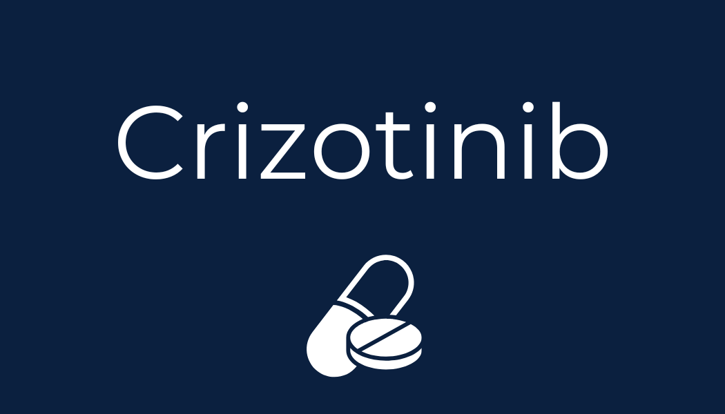 A dark blue image with the word 'crizotinib' and a graphic illustrating two oral tablets
