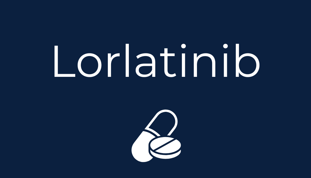 A dark blue image with the word 'lorlatinib' and a graphic illustrating two oral tablets
